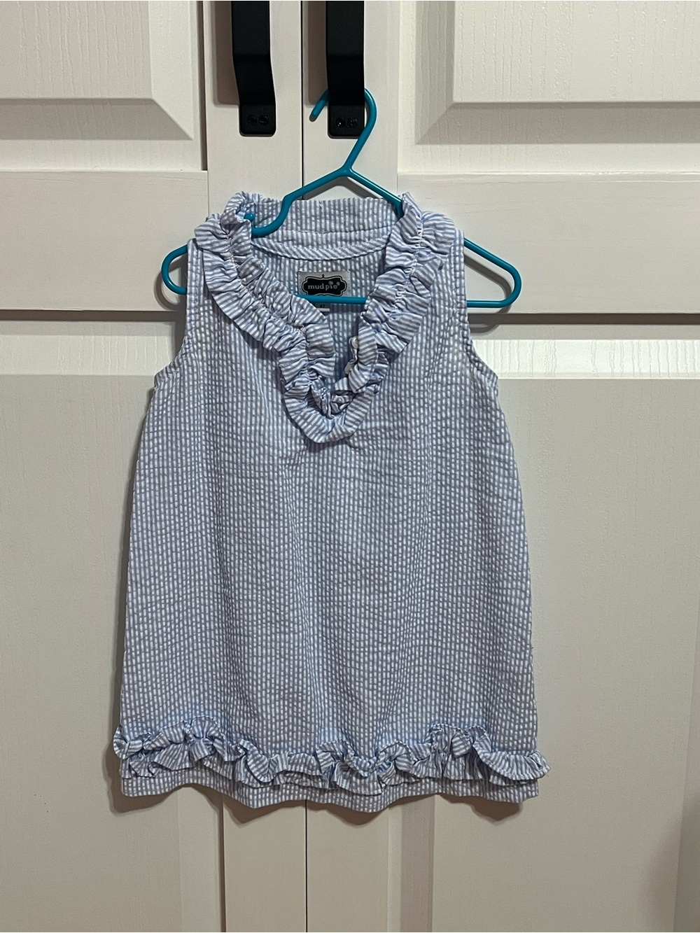 Mud Pie Light Blue Seersucker Ruffle Sleeveless Top